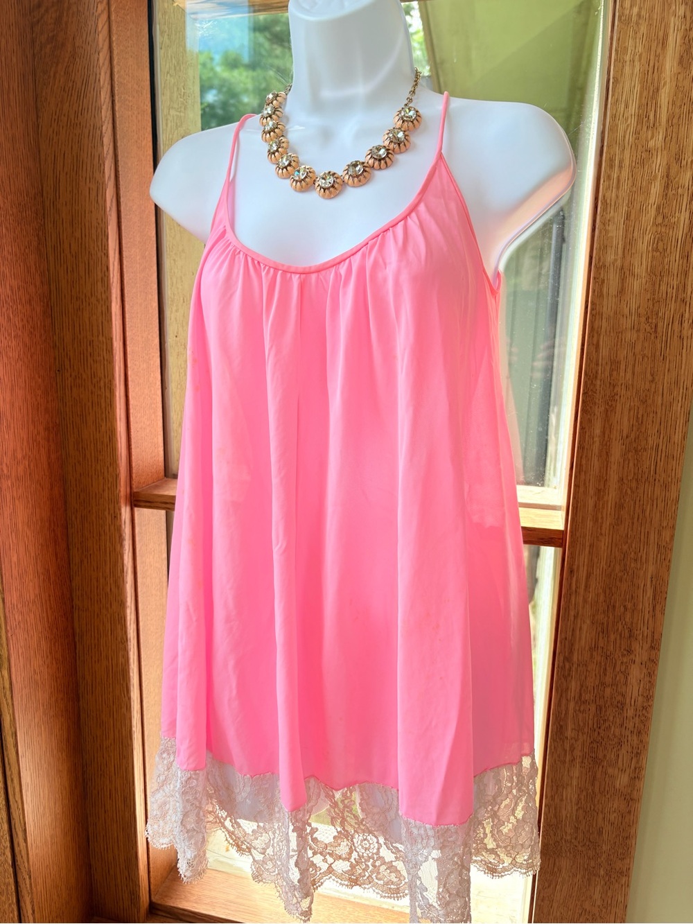 RARE Vintage Lucie Ann Hot Pink Lace-Trim Camisole Chemise Slip Dress S